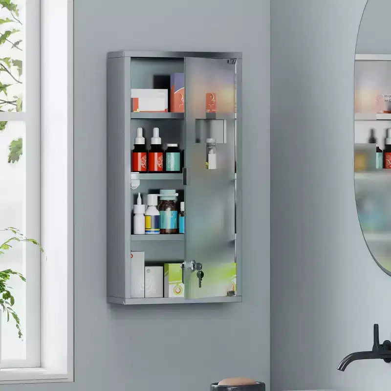 HOMCOM Mobiletto dei Medicinali 12 x 24 con Serratura, Ripiani, Armadietto di Sicurezza Bloccabile, Pensile da Parete per Pronto Soccorso e Bagno, Argento