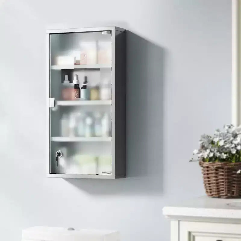 HOMCOM Mobiletto dei Medicinali 12 x 24 con Serratura, Ripiani, Armadietto di Sicurezza Bloccabile, Pensile da Parete per Pronto Soccorso e Bagno, Argento