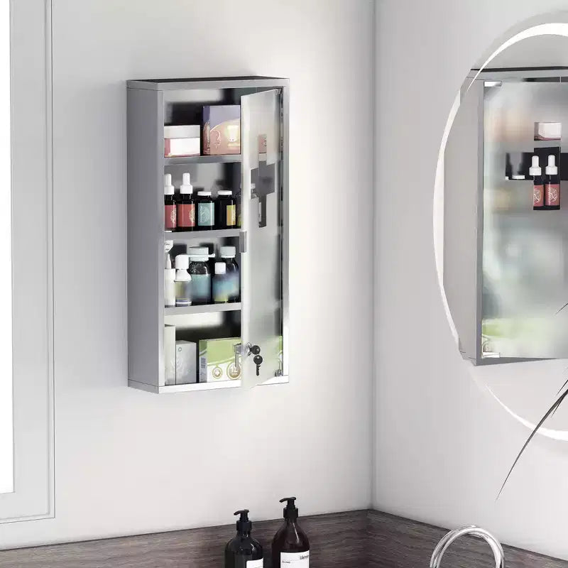 HOMCOM Mobiletto dei Medicinali 12 x 24 con Serratura, Ripiani, Armadietto di Sicurezza Bloccabile, Pensile da Parete per Pronto Soccorso e Bagno, Argento