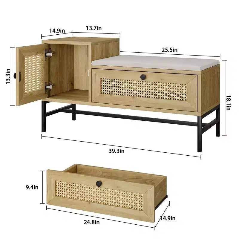 Panca portascarpe in rattan Garvee, panca da ingresso con scarpiera a ribalta, panca portaoggetti per scarpe per corridoio e camera da letto, rovere naturale