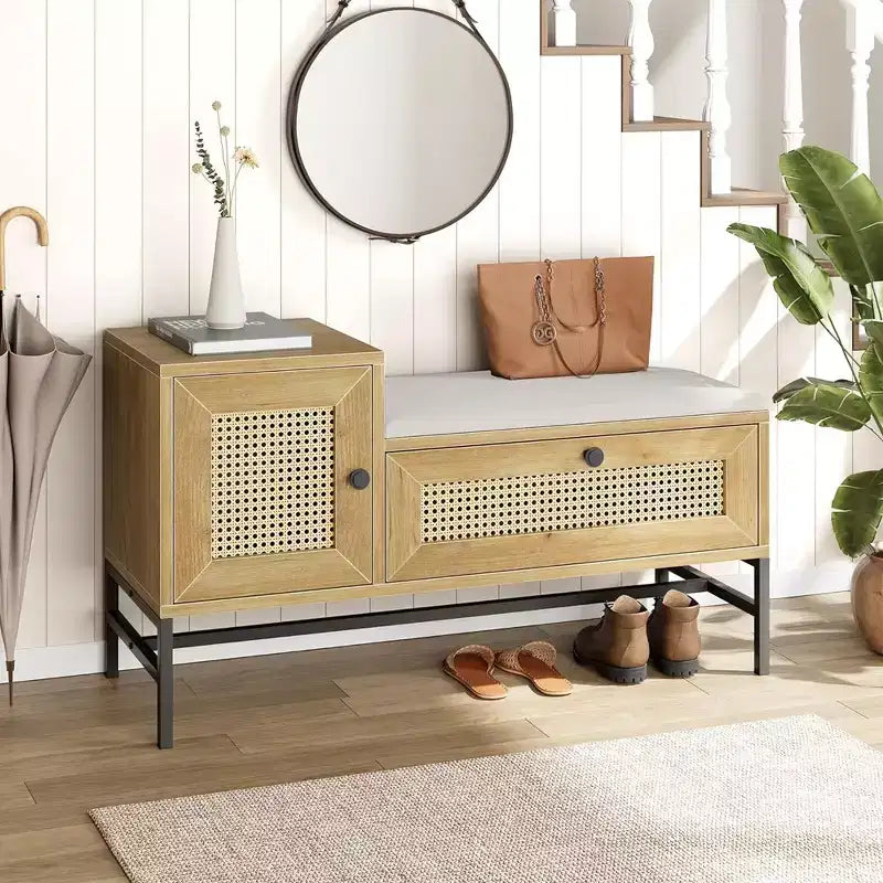 Panca portascarpe in rattan Garvee, panca da ingresso con scarpiera a ribalta, panca portaoggetti per scarpe per corridoio e camera da letto, rovere naturale