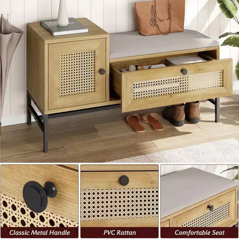 Panca portascarpe in rattan Garvee, panca da ingresso con scarpiera a ribalta, panca portaoggetti per scarpe per corridoio e camera da letto, rovere naturale