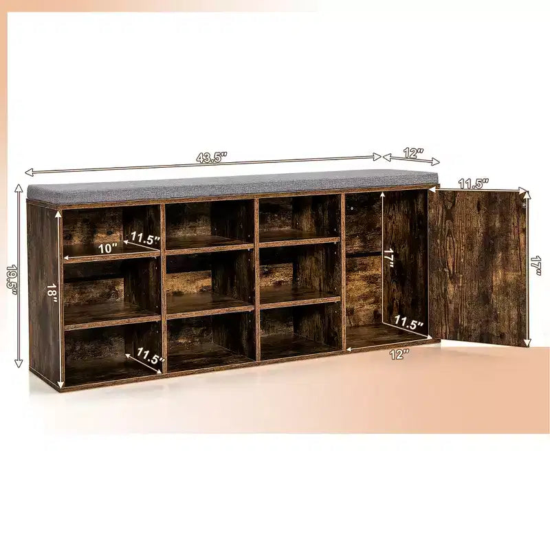 Panca scarpiera Costway con cuscino imbottito, 9 scomparti, scarpiera portaoggetti regolabile Bianco/Grigio/Marrone rustico