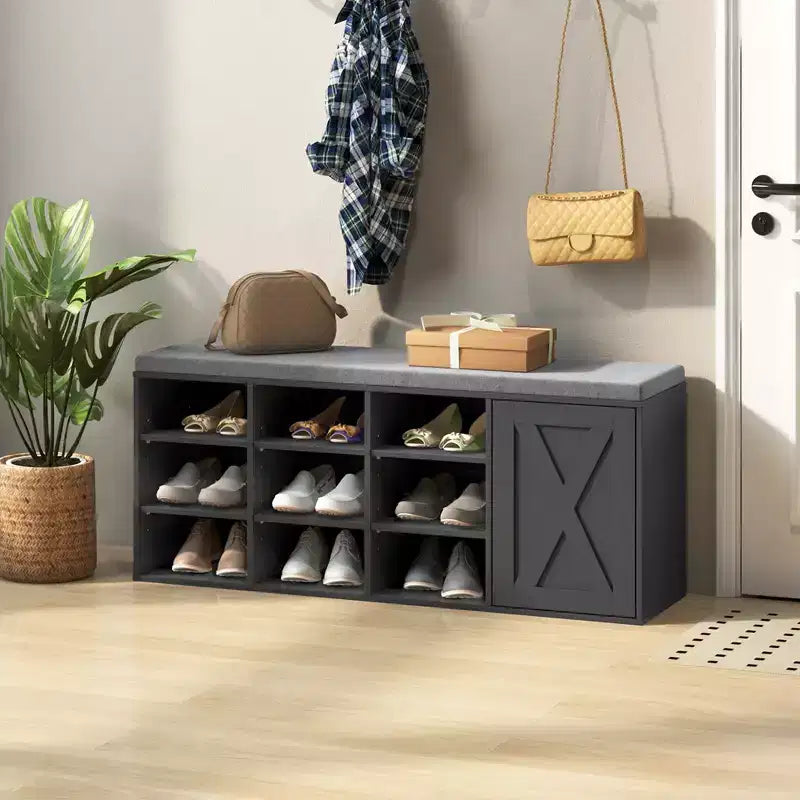 Panca scarpiera Costway con cuscino imbottito, 9 scomparti, scarpiera portaoggetti regolabile Bianco/Grigio/Marrone rustico