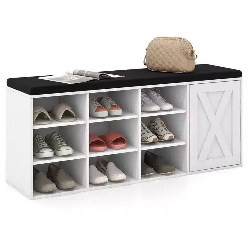 Panca scarpiera Costway con cuscino imbottito, 9 scomparti, scarpiera portaoggetti regolabile Bianco/Grigio/Marrone rustico