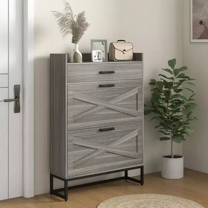 HOMCOM Scarpiera Sottile, Mobile Scarpiera Industriale da Ingresso con 2 Cassetti a Ribalta, Ripiani Regolabili, Cassetto Superiore per 12 Paia